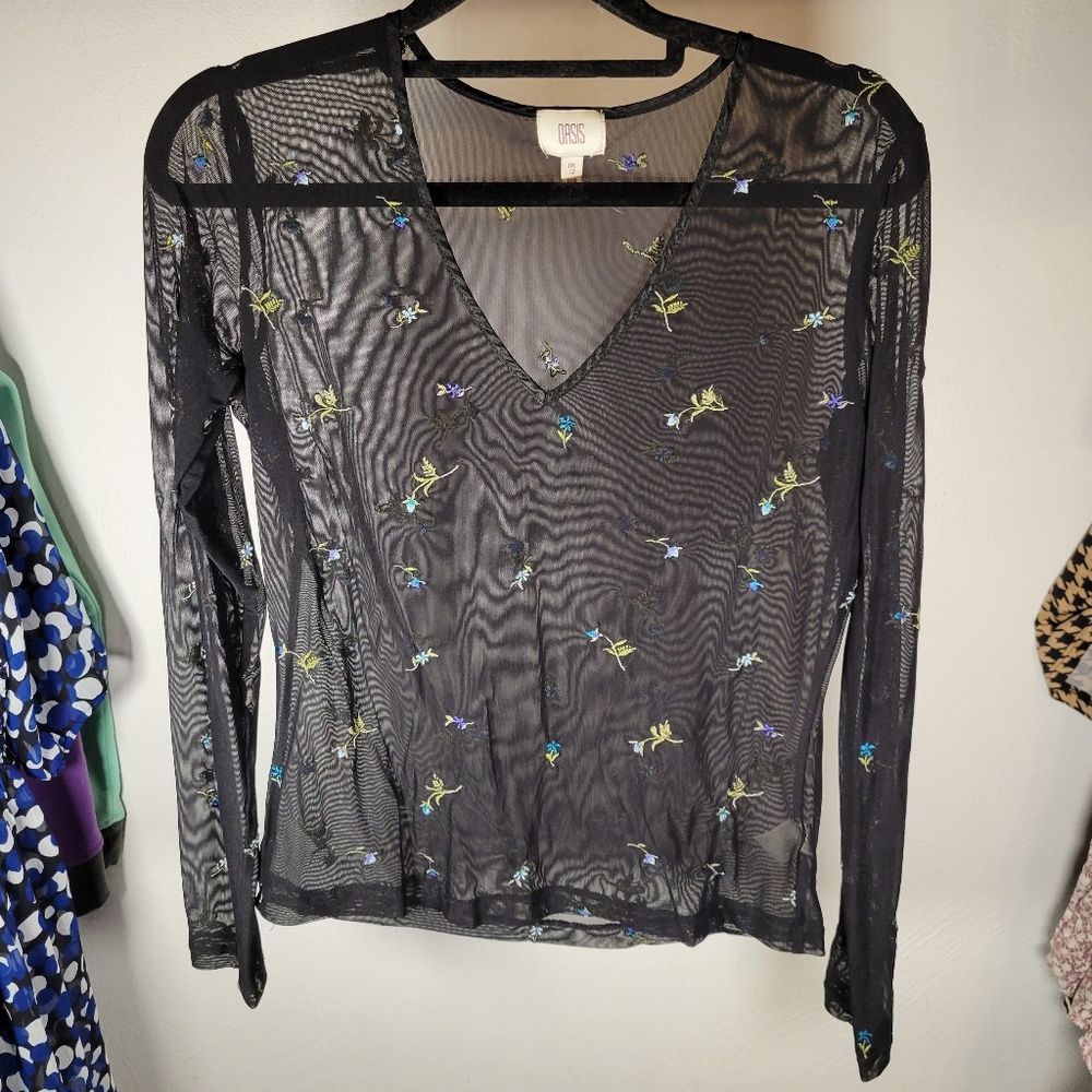 Oasis Black Sheer Top with Floral Embroidery